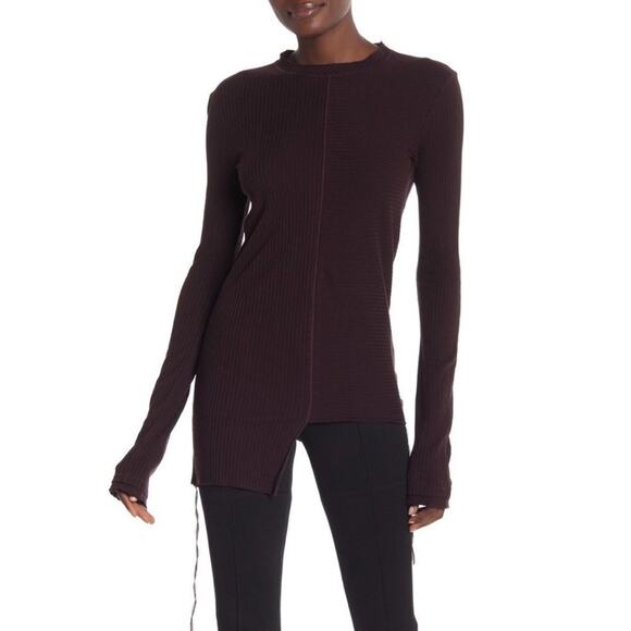 Helmut Lang Wine Purple Long Sleeve Asymmetrical Raw Hem Ribbed Crew Top Small - Picture 1 of 8
